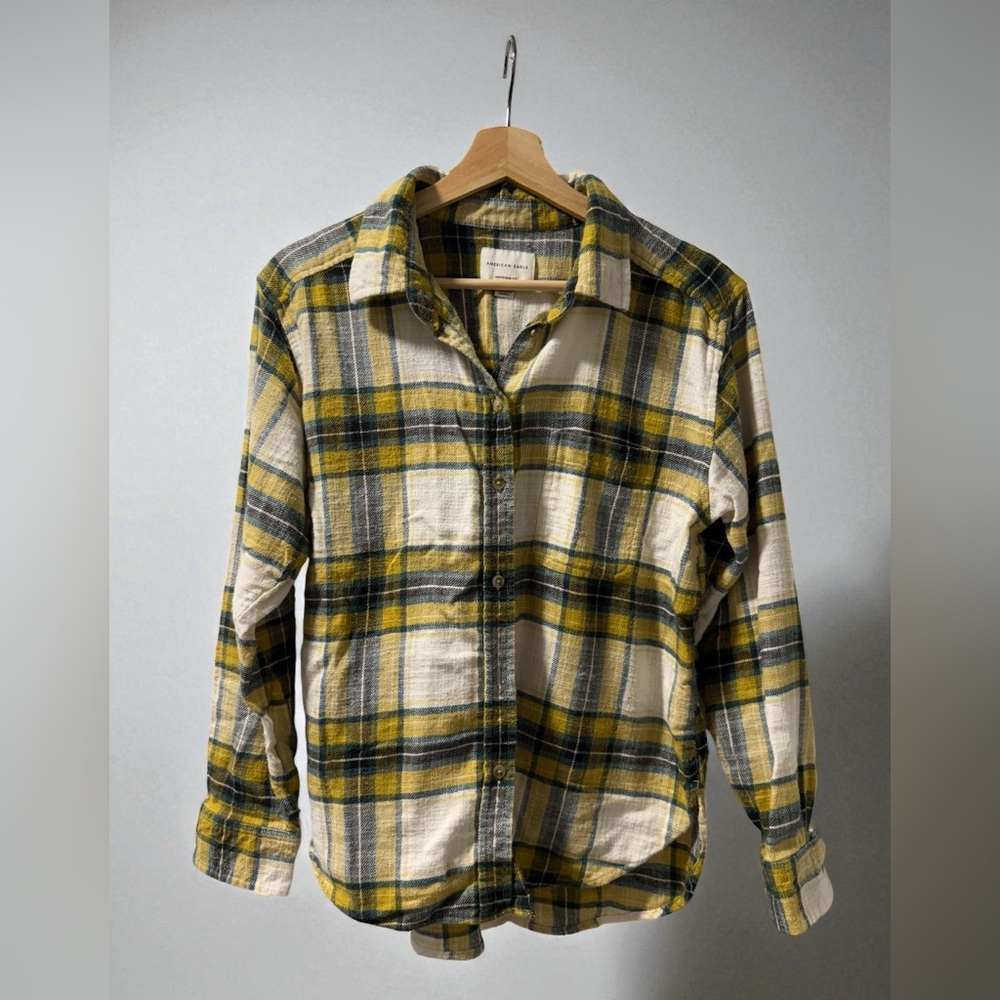 American Eagle Outfitters Yellow and Gray Boyfriend Fit Plaid Shirt